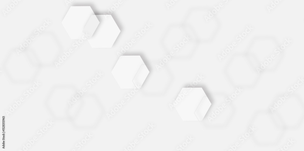 Poster pattern of overlapping light gray hexagons creating design effect white background.