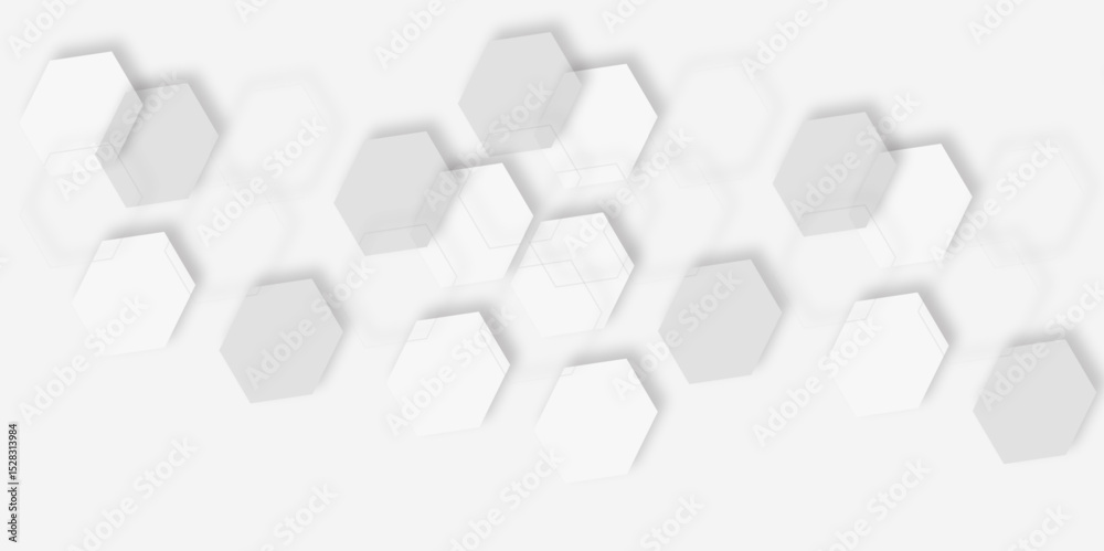 Poster pattern of overlapping light gray hexagons creating design effect white background.