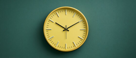 A vibrant yellow wall clock on a green background, symbolizing the passage of time. This modern design enhances any space while keeping you punctual. Ideal for home or office.