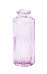 Elegant pink ribbed glass vase isolated on white background, minimalist decorative container with vintage style.