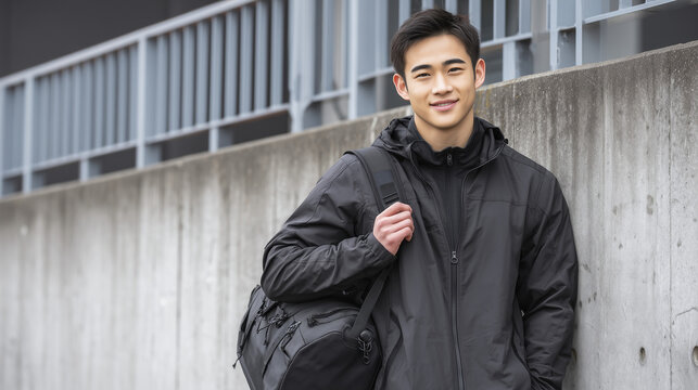 Japanese high school boy holding a sports bag while standing near an outdoor gym wall