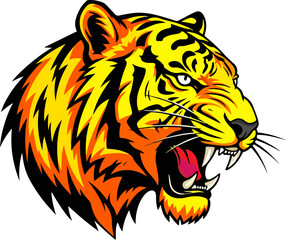 Logo of an angry tiger with its head looking to the right, logotype of a tiger head in the classic colors of this animal.