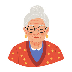 Elderly woman with closed eyes wearing glasses and a colorful cardigan  