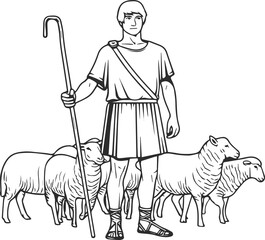 Young shepherd with a staff and sheep behind him, black line icon.