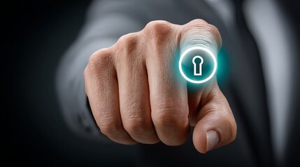 Close-up of a male hand pressing a digital unlock button in a suit.