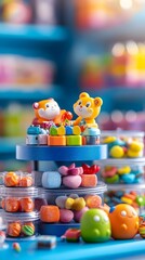 Two cheerful, orange-yellow animal figurines sit atop a multi-tiered display overflowing with colorful, assorted candies and sweets in clear containers on a bright blue surface.  The background