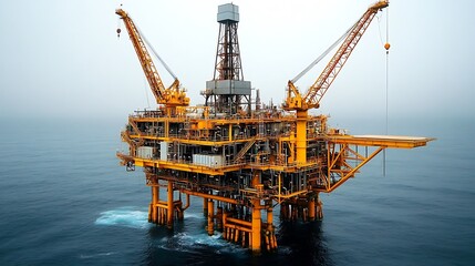 Operational offshore oil unit with long crane arms and fenced work area, set in peaceful waterscape 