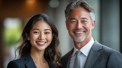 Asian young female and caucasian mature male smiling in professional attire indoors