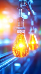 Glowing incandescent light bulbs on a factory assembly line, illuminated by vibrant blue and orange hues, showcasing the manufacturing process