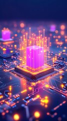 Glowing purple cube, core of a circuit board, emitting vibrant orange and pink energy streams, set against a bokeh backdrop of blurred lights.  The scene suggests advanced technology or data