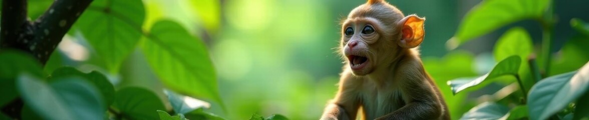 Playful monkey in lush jungle, vibrant colors, background, clipart, cute