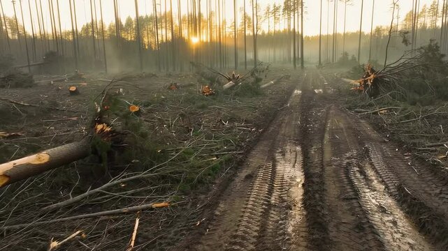 Deforestation in forest area with cut trees and muddy logging trail at sunrise
