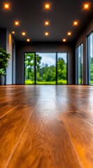 Low-angle view of a spacious, modern room with dark walls, recessed lighting, large glass sliding doors revealing a lush green landscape, and a polished hardwood floor extending to the viewer