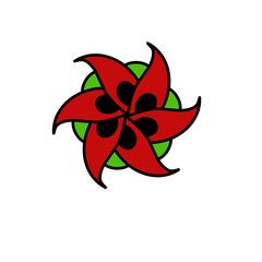Stylized floral emblem with vibrant petals and contrasting circular backdrop