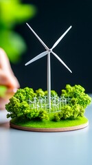 Miniature wind turbine model on a small, green, landscaped base, situated on a light grey surface with blurred green foliage in the background, suggesting renewable energy and environmental