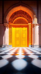 Ornate golden double doors recessed within a sunlit architectural alcove, featuring intricate carvings above and a checkered floor reflecting light