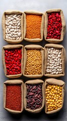Nine small burlap sacks filled with various dried legumes and pulses are arranged in a grid on a gray surface.  Each sack contains a different type of bean or lentil