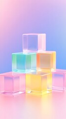 Pastel-colored translucent cubes arranged in a pyramid-like structure against a soft, blurred gradient background.  The cubes exhibit a glossy sheen and subtle color variations