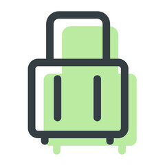 Illustration of a lime green and black outlined suitcase with a handle and small feet design element