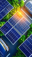 Overhead view of solar panels nestled between lush greenery and parked electric vehicles in a parking lot, bathed in sunlight