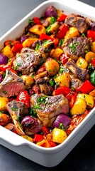 Roasted lamb chops and colorful vegetables, herbs, in a white baking dish, seasoned and glistening, ready to serve