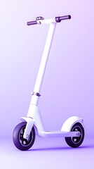 Sleek, white electric scooter on a lavender background, angled slightly to the left, showcasing its minimalist design and foldable frame.  The scooter features black tires and subtle detailing