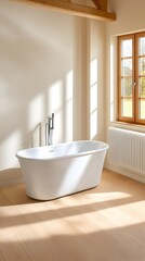 Sunlit freestanding bathtub in a minimalist bathroom with light wood floors, exposed beams, and a large window overlooking a garden