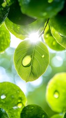 Sunlit leaf with dewdrop, backlit against a bokeh of green foliage, showcasing vibrant green tones and a sense of natural serenity