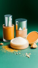 Two bottles of foundation, a compact of face powder, and loose powder sit on a dark teal background with small amounts of loose powder scattered around them. The bottles have silver tops and the