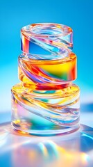 Three vibrant, cylindrical glass objects stacked, showcasing swirling internal rainbow patterns against a bright blue backdrop and iridescent reflective surface.  The light refracts beautifully