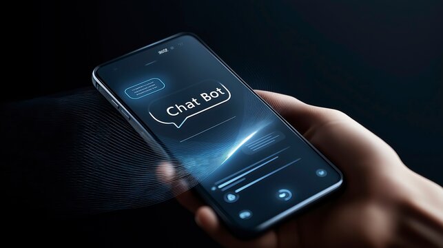 Close-Up of Man’s Hand Holding Smartphone with Glowing AI Chatbot Interface – Minimalist Speech Bubble with ‘Chat Bot’ Text, Surrounded by Digital Icons – Clean, Modern, and Professional Scene for AI 