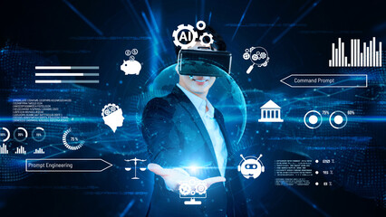 Smart businessman wearing suit and VR goggle while using AI assistance planning plan. Project...