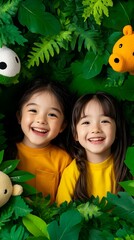 Two smiling girls in yellow shirts nestled amongst vibrant green foliage and playful stuffed animals, creating a cheerful, jungle-themed portrait