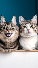 Two tabby cats, one with an open mouth and surprised expression, the other with a curious gaze, sit side-by-side atop a white surface against a teal backdrop