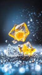 Shattering crystalline stars, luminous yellow and clear, explode against a dark, glittering backdrop with splashing fragments