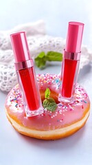 Two tubes of vibrant red lip gloss stand upright in a pink frosted donut, adorned with colorful sprinkles and a sprig of mint leaves, set against a subtly textured white background