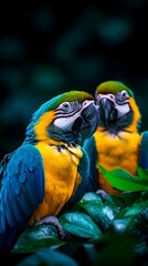 Two vibrant blue and gold macaws perched closely together on lush, dark green foliage against a deep black background, creating a striking contrast of colors and textures