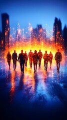 Silhouetted figures walk toward a vibrant, blurred cityscape at night, their forms partially translucent and glowing with an inner light, reflecting on a wet surface