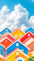 Vibrant, colorful houses clustered together under a bright, partly cloudy sky.  The houses are various shades of red, orange, yellow, and blue, with visible windows and simple architectural details