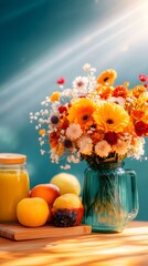 Vibrant bouquet of orange and yellow flowers in a teal glass vase, accompanied by a jar of yellow liquid and assorted citrus fruits on a wooden surface, bathed in sunlight against a teal background
