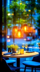 Warm, amber pendant lights illuminate a stylish, round table set for two in a modern restaurant, viewed through a large window overlooking a blurred city night scene