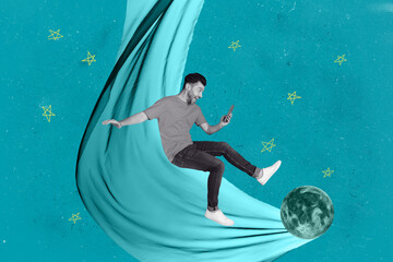 Banner 3d poster art collage of happy girl guy stand space galaxy moon planet cosmos discovery outer-space painting astronomy