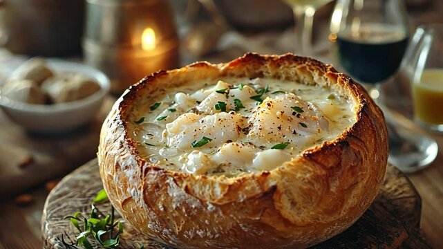halibut chowder in a bread bowl video canadian food