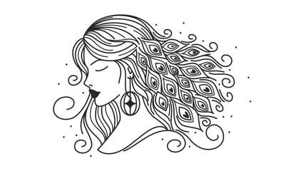 A woman's flowing hair gradually transforming into a peacock feather, feminine beauty