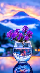 Vibrant purple flowers in a clear glass vase sit on a reflective surface, their reflection mirrored below, with a stunning sunset-lit mountain range softly blurred in the background
