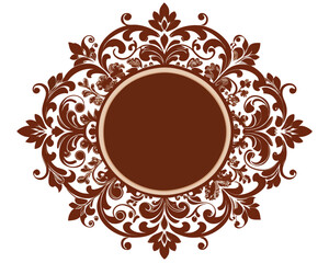 frame, vintage, ornate, floral, brown, design, element, decoration, decorative, border, circle, round, flourish, leaves, swirls, elegant, retro, classic, invitation, wedding, greeting card, label, emb