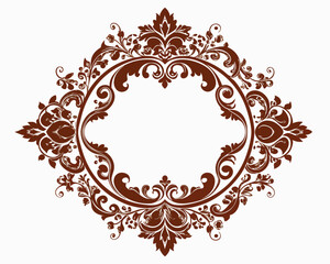 frame, vintage, ornate, floral, brown, design, element, decoration, decorative, border, circle, round, flourish, leaves, swirls, elegant, retro, classic, invitation, wedding, greeting card, label, emb