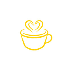 Stylized golden cup of coffee steaming with love, isolated against a black backdrop