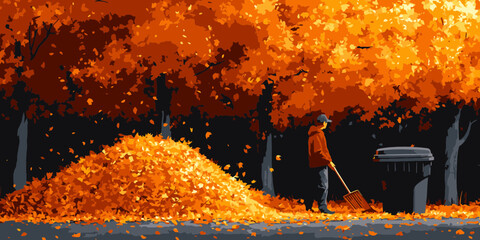 Stylized vector art of a gardener raking leaves in autumn amidst vibrant orange trees