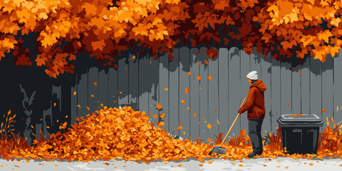 Gardener raking autumn leaves in a vibrant backyard with an orange tree and a trash bin